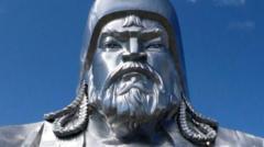 मंगोल साम्राज्य के शासक चंगेज़ ख़ाँ का चित्र और भारत की सीमा तक मंगोल अभियानों का ऐतिहासिक मानचित्र
