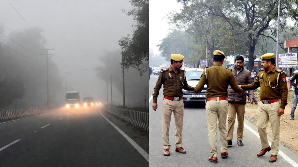 उत्तर प्रदेश में घने कोहरे के बीच सड़क पर पुलिस द्वारा वाहन जांच और कानून व्यवस्था की कार्रवाई, कम दृश्यता के कारण यातायात प्रभावित।