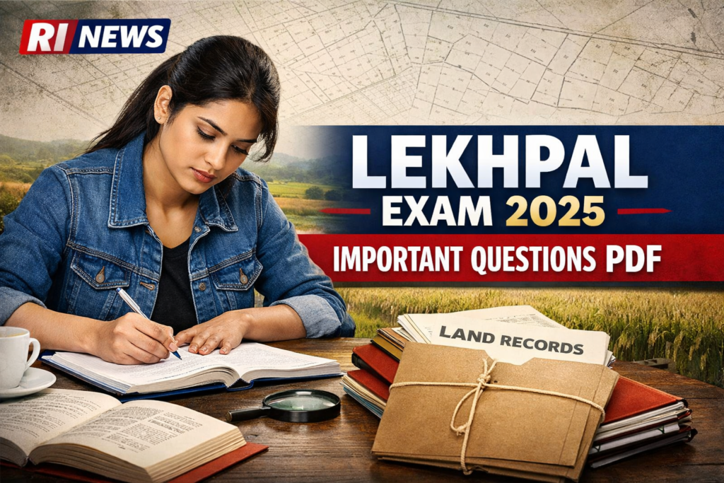 RI News Lekhpal Exam 2025 thumbnail showing an Indian student studying land records and government exam documents with Important Questions PDF text