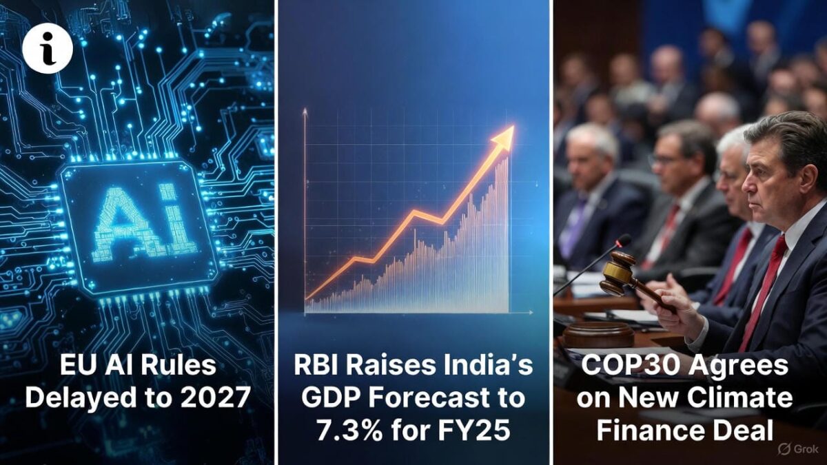 राष्ट्रीय समाचार: EU AI नियमों में देरी, RBI का GDP अनुमान बढ़ा, और COP30 में जलवायु वित्त पर बड़ी सहमति - Top Headli...