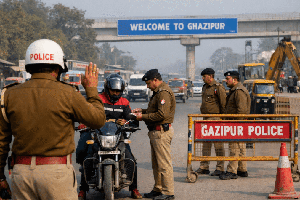गाजीपुर लोकल न्यूज आज में पुलिस की कार्रवाई और सड़क सुरक्षा अभियान की तस्वीर