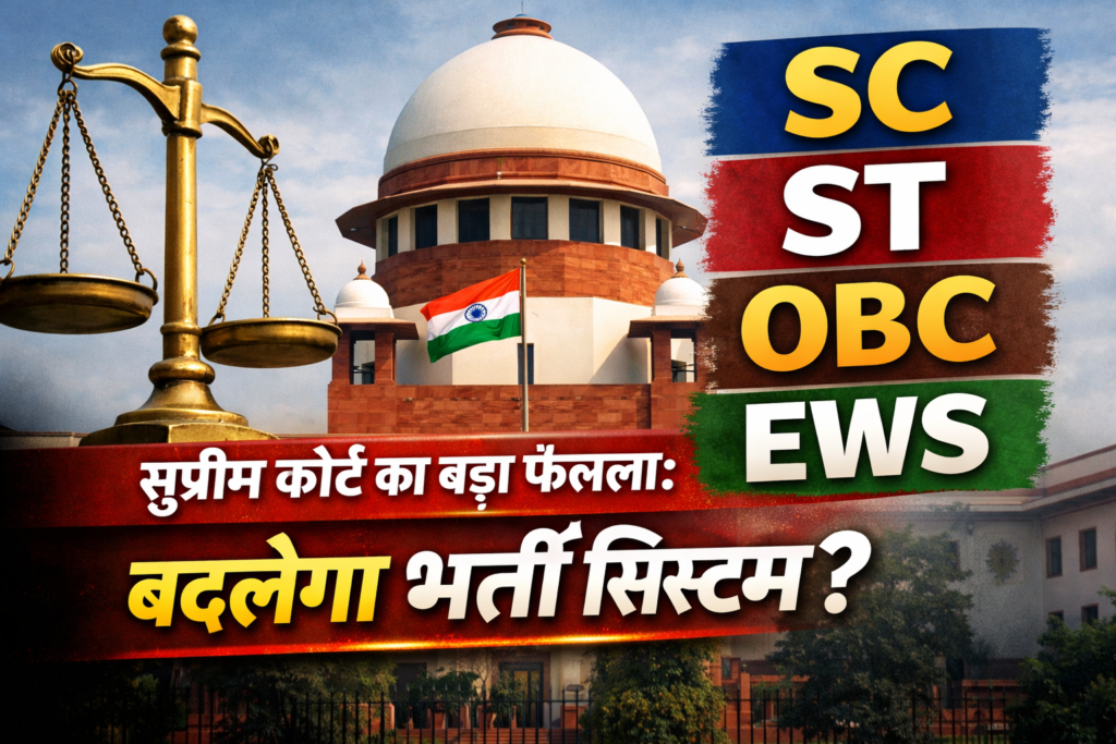 सुप्रीम कोर्ट भवन के सामने न्याय का तराजू और एससी/एसटी/ओबीसी/ईडब्ल्यूएस से जुड़ा ग्राफिक