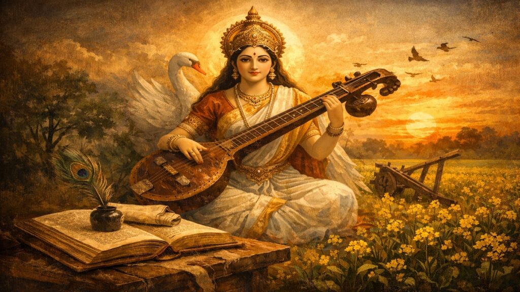 बसंत पंचमी के अवसर पर प्रकृति, ज्ञान और देवी सरस्वती से जुड़े प्रतीकात्मक दृश्य