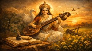 बसंत पंचमी के अवसर पर प्रकृति, ज्ञान और देवी सरस्वती से जुड़े प्रतीकात्मक दृश्य