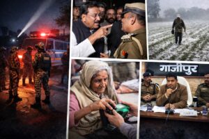 उत्तर प्रदेश की लोकल खबरों से जुड़े दृश्य — ब्लैकआउट ड्रिल, अफजाल अंसारी विवाद, मौसम अलर्ट, आधार सेवा