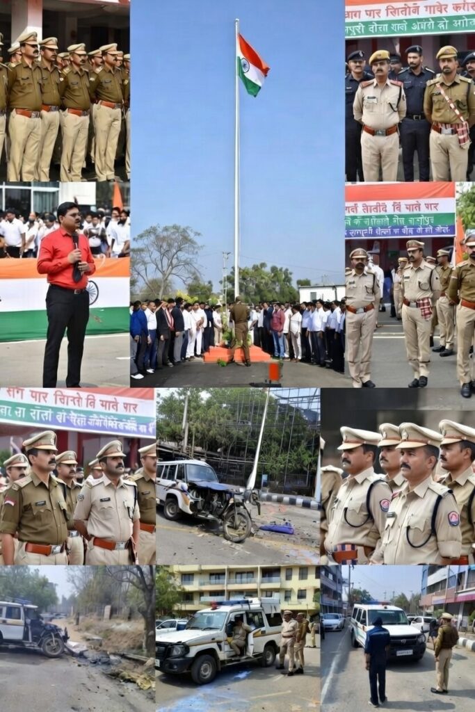 गाजीपुर में 26 जनवरी 2026 गणतंत्र दिवस समारोह का कोलाज: तिरंगा फहराते पुलिसकर्मी, मंत्री ध्वजारोहण करते हुए, भीड़ में राष्ट्रभक्ति, सम्मान समारोह और स्थानीय घटनाओं की तस्वीरें