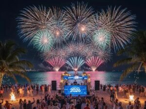 नववर्ष 2026 के स्वागत में समुद्र तट पर आतिशबाज़ी और जश्न