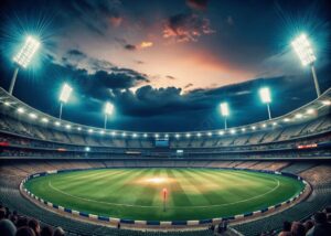 रात के समय रोशनी से जगमगाता क्रिकेट स्टेडियम और मैदान का व्यापक दृश्य