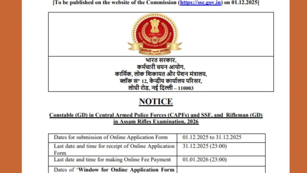 SSC GD Constable 2026 correction window official notice released by Staff Selection Commission