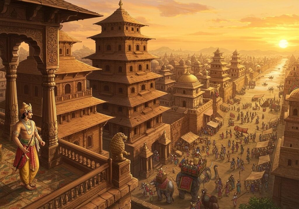 मौर्य काल की राजधानी और प्रशासनिक व्यवस्था का प्रतीकात्मक दृश्य