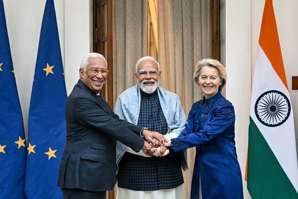 भारत-EU समझौता 2026 के दौरान प्रधानमंत्री नरेंद्र मोदी और यूरोपीय संघ के शीर्ष नेताओं की संयुक्त बैठक