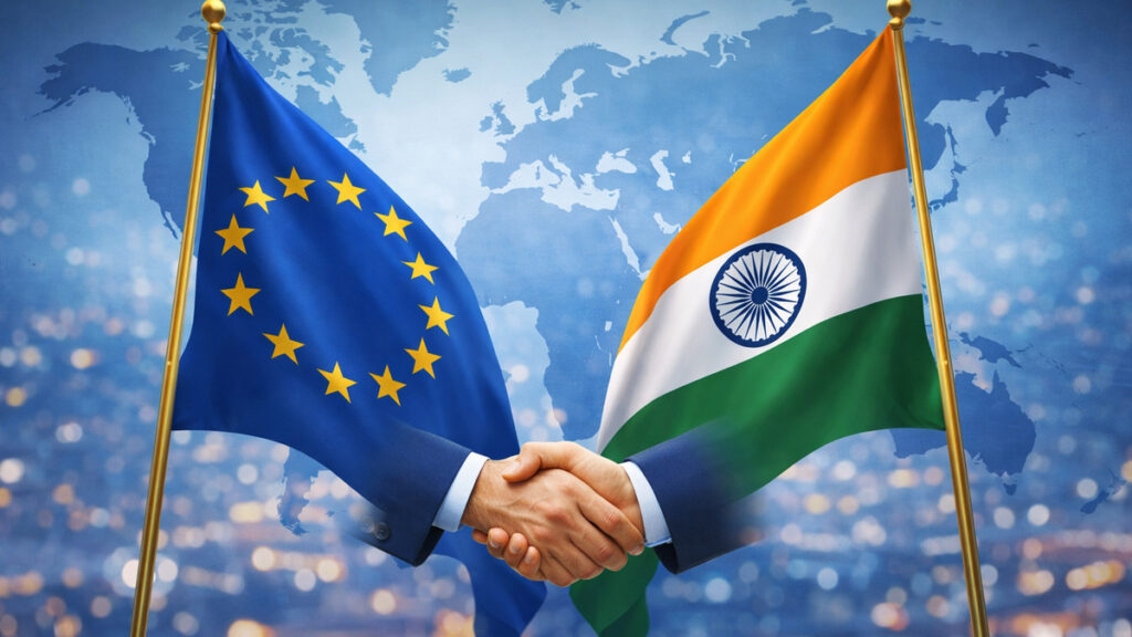 भारत और यूरोपीय संघ के बीच प्रतीकात्मक हैंडशेक, भारत-EU ट्रेड डील और बदलती वैश्विक कूटनीति का संकेत