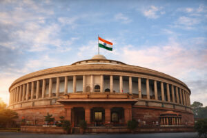 भारतीय संसद भवन का दृश्य, राष्ट्रीय नीति और शासन से जुड़ी खबरों का प्रतीक