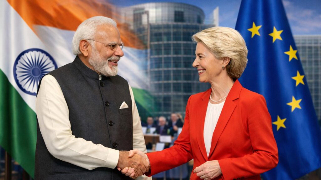 भारत और यूरोपीय संघ के बीच FTA वार्ता पूरी होने के बाद प्रधानमंत्री नरेंद्र मोदी और उर्सुला वॉन डेर लेयेन की मुलाकात का दृश्य