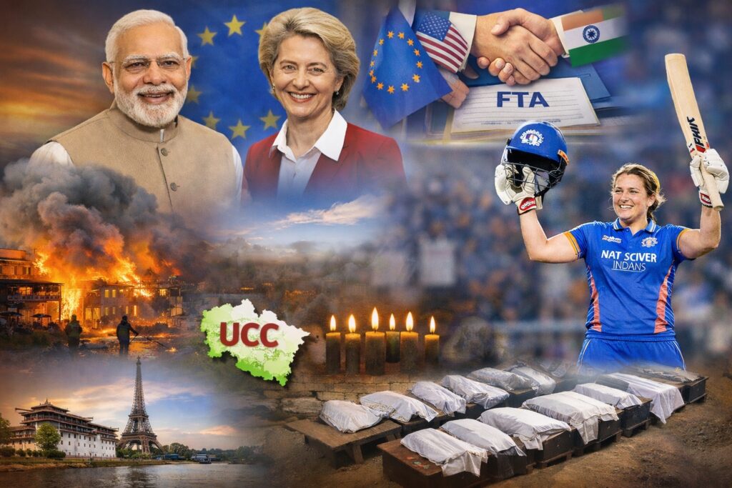 भारत-EU FTA, गणतंत्र दिवस 2026, उत्तराखंड UCC, बंगाल अग्निकांड और WPL में नेट स्किवर-ब्रंट के शतक से जुड़ी प्रमुख खबरों का प्रतीकात्मक कोलाज