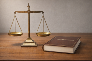 न्याय का तराज़ू और कानून की पुस्तक का प्रतीकात्मक दृश्य