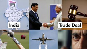 5 फरवरी 2026 की टॉप न्यूज़ राउंडअप: भारत का मैप, भारत-अमेरिका ट्रेड डील हैंडशेक, सुप्रीम कोर्ट गैवल, क्रिकेट बैट और बॉल, एविएशन इंसिडेंट एयरप्लेन