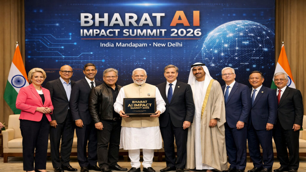 भारत AI इम्पैक्ट समिट 2026 में प्रधानमंत्री नरेंद्र मोदी अवार्ड प्लेक के साथ विश्व नेताओं और टेक दिग्गजों के साथ भारत मंडपम, नई दिल्ली में मंच पर