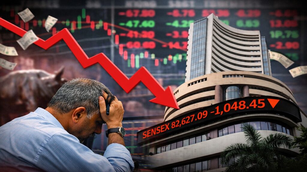 शेयर बाजार में भारी गिरावट के दौरान सेंसेक्स और बीएसई भवन का दृश्य