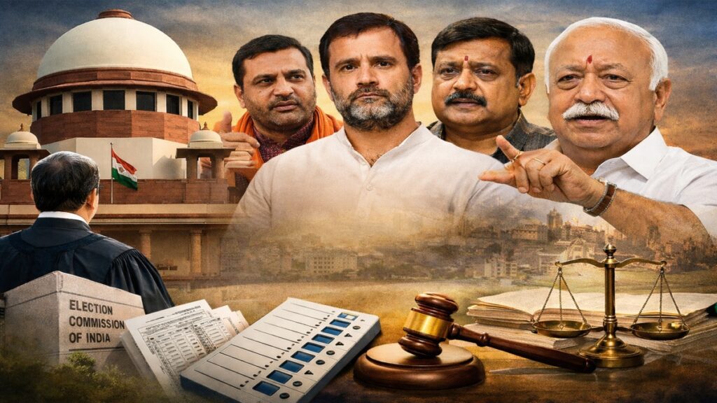 सुप्रीम कोर्ट भवन के सामने न्यायिक प्रक्रिया और चुनाव आयोग से जुड़े प्रतीक, बंगाल SIR विवाद की पृष्ठभूमि में राजनीतिक नेताओं की तस्वीर