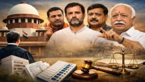 सुप्रीम कोर्ट भवन के सामने न्यायिक प्रक्रिया और चुनाव आयोग से जुड़े प्रतीक, बंगाल SIR विवाद की पृष्ठभूमि में राजनीतिक नेताओं की तस्वीर