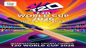Google Doodle ICC Men's T20 World Cup 2026 की शुरुआत पर, भारत और श्रीलंका को-होस्टिंग के साथ रंग-बिरंगे क्रिकेट बैट, बॉल और एनर्जेटिक डिजाइन में उत्सव
