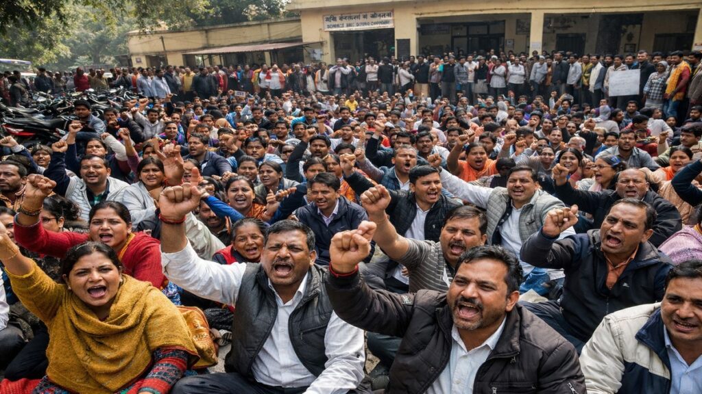 बीएसए कार्यालय के बाहर TET अनिवार्यता के खिलाफ धरना देते शिक्षक, गाजीपुर