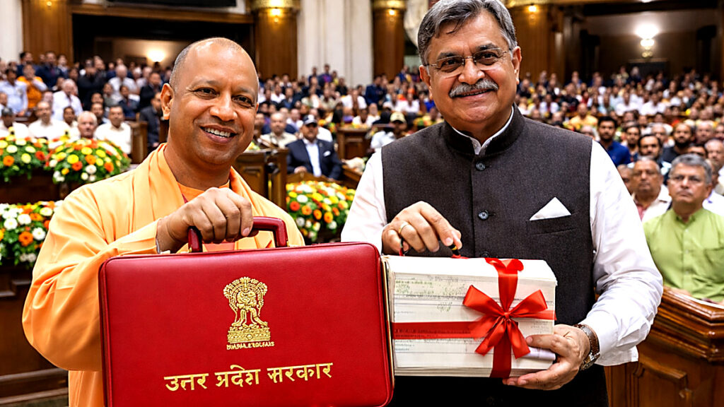 उत्तर प्रदेश विधानसभा में बजट 2026-27 पेश किए जाने के बाद मुख्यमंत्री योगी आदित्यनाथ और वित्त मंत्री सुरेश खन्ना