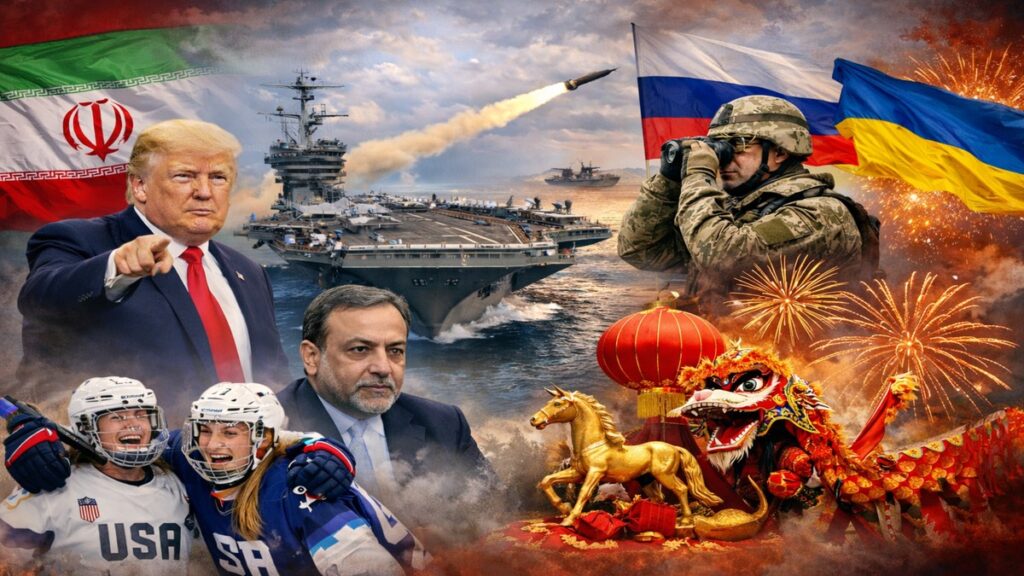 अंतरराष्ट्रीय घटनाक्रम का दृश्य — ईरान-अमेरिका तनाव, रूस-यूक्रेन युद्ध, विंटर ओलंपिक्स और लूनर न्यू ईयर 2026