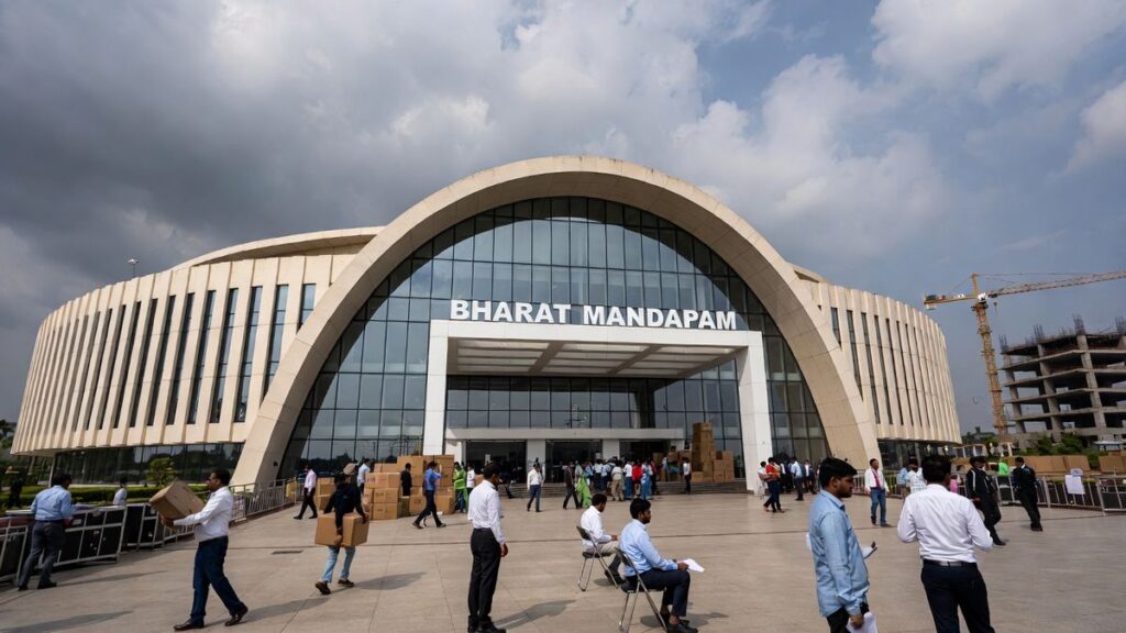 नई दिल्ली स्थित भारत मंडपम का बाहरी दृश्य, जहां अंतरराष्ट्रीय सम्मेलन और राष्ट्रीय कार्यक्रम आयोजित होते हैं