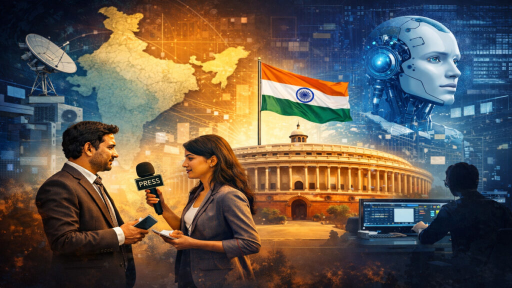 2026 में भारत की मीडिया की भूमिका को दर्शाता डिजिटल युग और लोकतंत्र से जुड़ा दृश्य