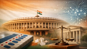 देश को प्रभावित करने वाली राष्ट्रीय खबरों का प्रतीकात्मक दृश्य, जिसमें संसद, चुनाव प्रक्रिया, न्याय और कृत्रिम बुद्धिमत्ता नीति को दर्शाया गया है।