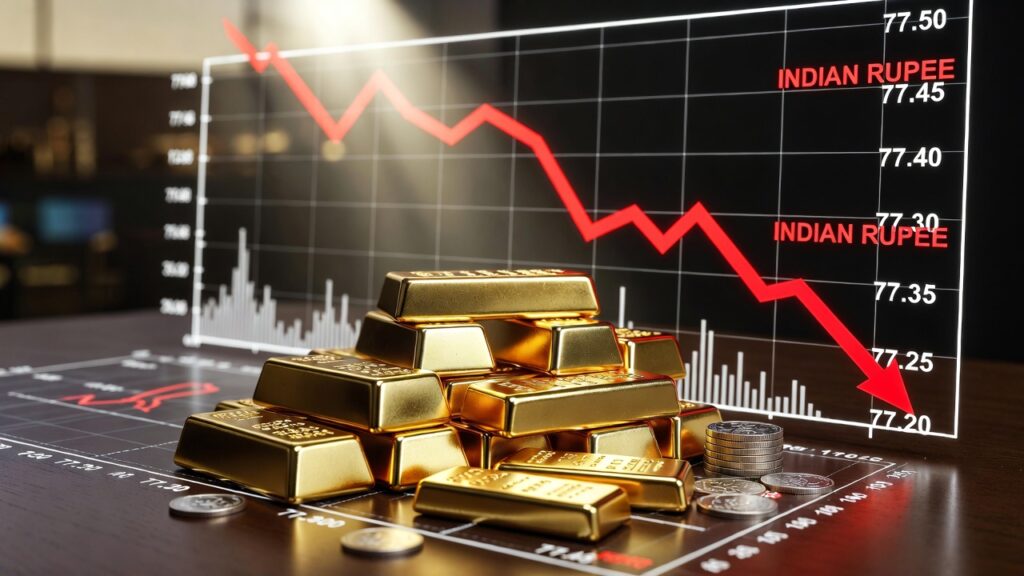 सोना चांदी की बार और सिक्के लाल नीचे गिरते ग्राफ के साथ, सोने चांदी मूल्य में गिरावट दर्शाता फाइनेंस इमेज, 17 फरवरी 2026 MCX गोल्ड सिल्वर रेट ड्रॉप