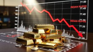 सोना चांदी की बार और सिक्के लाल नीचे गिरते ग्राफ के साथ, सोने चांदी मूल्य में गिरावट दर्शाता फाइनेंस इमेज, 17 फरवरी 2026 MCX गोल्ड सिल्वर रेट ड्रॉप