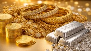 सोने और चांदी की आभूषणों व बुलियन की प्रतीकात्मक तस्वीर, भारत में सर्राफा बाजार के भाव को दर्शाती हुई