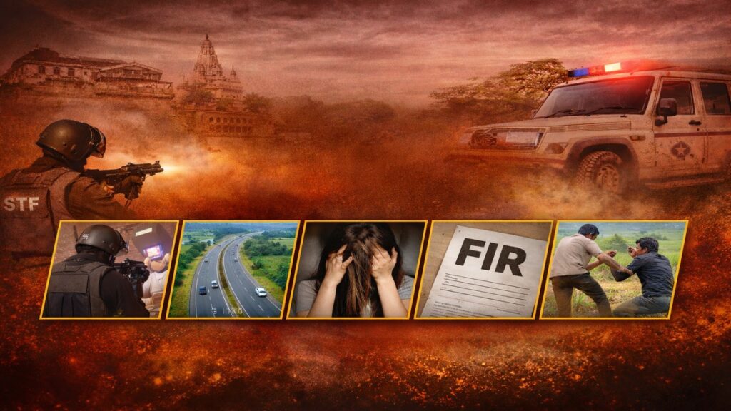 गाजीपुर की प्रमुख घटनाओं से जुड़ी प्रतीकात्मक तस्वीर — एनकाउंटर, एक्सप्रेसवे, अपराध और ग्रामीण विवाद