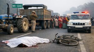 गाजीपुर NH-124C सड़क हादसे में ट्रैक्टर-ट्रॉली की चपेट में आए साइकिल सवार मजदूर की मौत का प्रतीकात्मक दृश्य