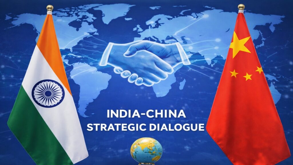 भारत और चीन के राष्ट्रीय ध्वज, बीच में सहयोग का प्रतीक हैंडशेक और पृष्ठभूमि में विश्व मानचित्र