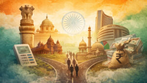 2026 में लोकतंत्र, धर्म और अर्थव्यवस्था के बीच संतुलन दर्शाता भारत का प्रतीकात्मक दृश्य
