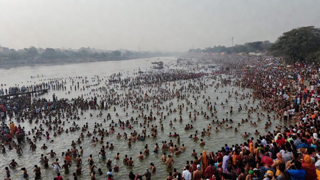 महाशिवरात्रि 2026 पर प्रयागराज त्रिवेणी संगम में स्नान करते श्रद्धालु