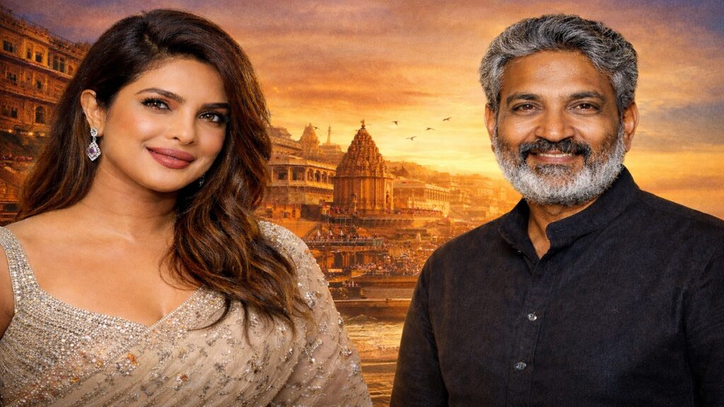 प्रियंका चोपड़ा और निर्देशक एसएस राजामौली वाराणसी की पृष्ठभूमि में, बॉलीवुड वापसी से जुड़ी फिल्म की चर्चा के दौरान।