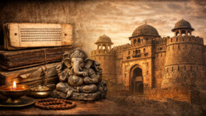 मध्यकालीन भारत में धार्मिक ग्रंथ, पुराण पांडुलिपियाँ और किला संरचना, जो सत्ता, धर्म और इतिहास के संबंध को दर्शाती हैं