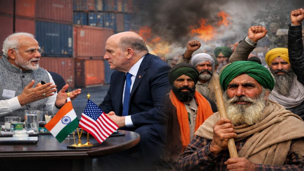 भारत और अमेरिका के बीच प्रस्तावित ट्रेड डील को लेकर चल रही बातचीत और किसानों से जुड़े सवालों का प्रतीकात्मक दृश्य