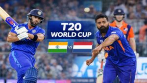 भारत बनाम नीदरलैंड्स T20 वर्ल्ड कप मैच में बल्लेबाजी करते शिवम दुबे और गेंदबाजी करते वरुण चक्रवर्ती