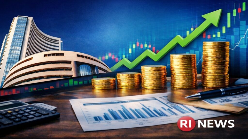 भारतीय शेयर बाजार का दृश्य, बॉम्बे स्टॉक एक्सचेंज और निवेश से जुड़े प्रतीक