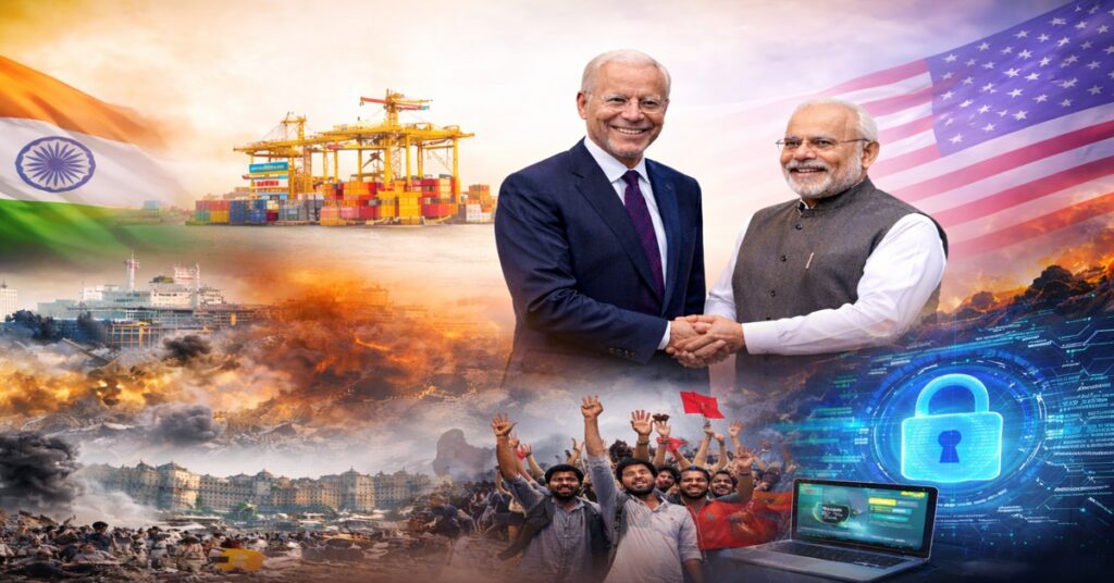 भारत और दुनिया से जुड़ी प्रमुख घटनाओं का प्रतीकात्मक दृश्य, जिसमें अंतरराष्ट्रीय कूटनीति, व्यापार, संघर्ष, जनआंदोलन और साइबर सुरक्षा के संकेत दिखाई देते हैं