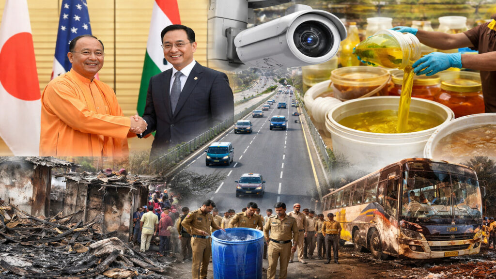 उत्तर प्रदेश की बड़ी खबरों से जुड़ा दृश्य, जिसमें निवेश दौरा, सड़क सुरक्षा, फूड सेफ्टी और कानून व्यवस्था से जुड़े पहलू दिखाई देते हैं