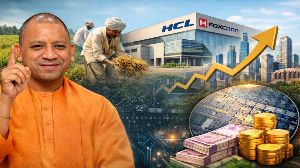 उत्तर प्रदेश में किसानों को फसल क्षतिपूर्ति, सेमीकंडक्टर प्लांट और आर्थिक विकास का प्रतीकात्मक दृश्य