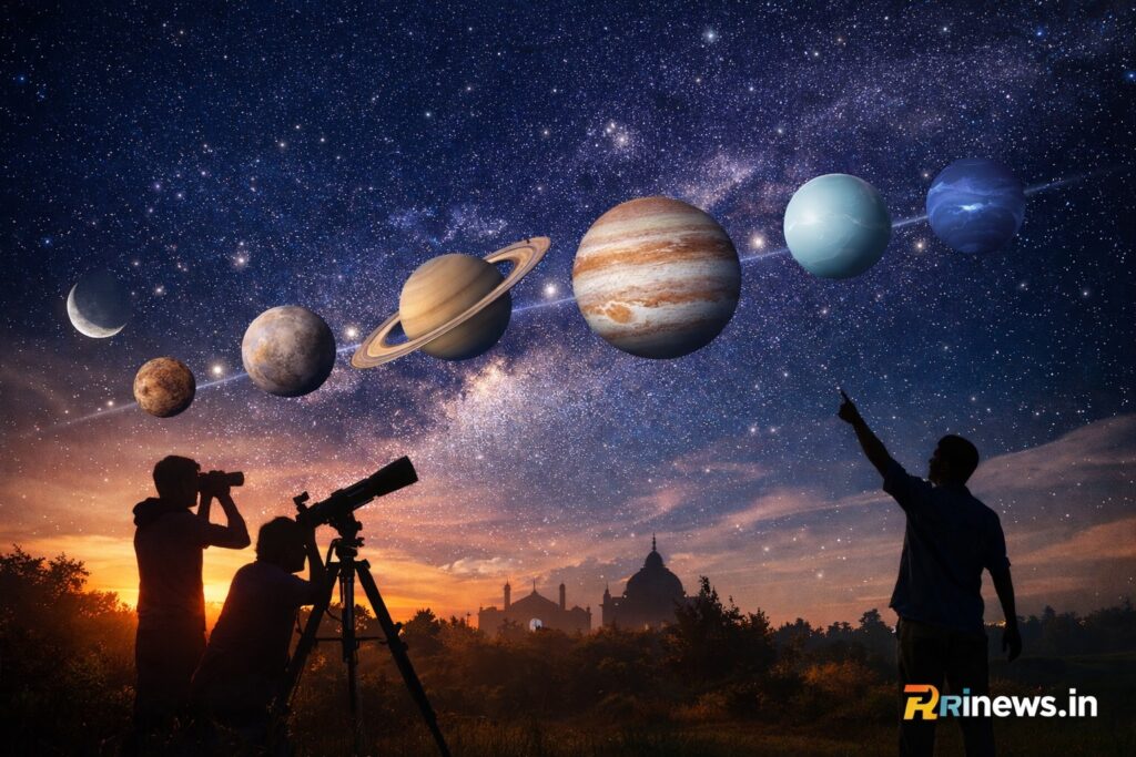 भारत में छह ग्रहों की दुर्लभ संरेखण का दृश्य, आकाश में दिखाई देता प्लैनेट पैरेड