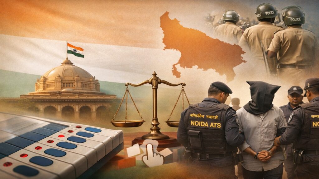 उत्तर प्रदेश को प्रभावित करने वाली प्रमुख खबरों का प्रतीकात्मक दृश्य, जिसमें शिक्षा, चुनाव प्रक्रिया, प्रशासन, सुरक्षा और राज्य शासन से जुड़े विषय दर्शाए गए हैं।